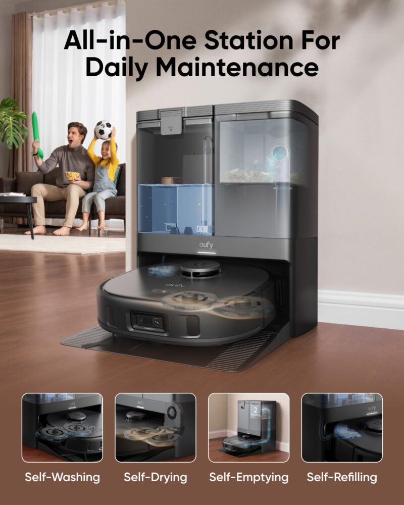 eufy X10 Pro Omni Robot Vacuum and Mop Combo, 8,000Pa Suction, Self-Emptying, Auto Mop Washing & Drying, Dual Auto-Lift Mops, AI Obstacle Avoidance, Black - Image 3