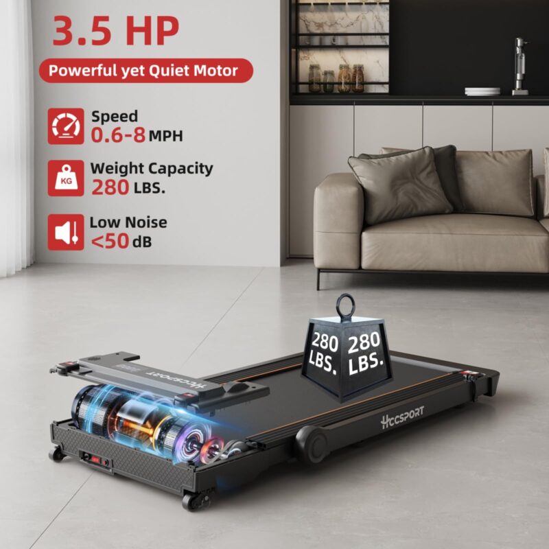 Hccsport 3-in-1 Under Desk Treadmill with Incline & Removable Desk – 3.5 HP Foldable Walking Pad, 0.6–8 MPH, 42.5″×16.5″ Belt, Wristband Remote - Image 6